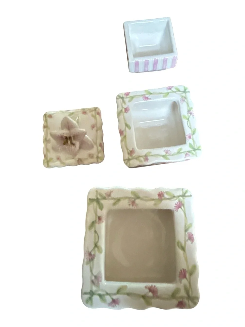 Khim Vintage Porcelain Stacking Trinket Box Pink Stripe Floral Lily Finial